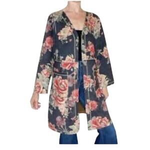 Anthropologie Solitare Brown & Pink Flowers Open Cardigan Sz XL